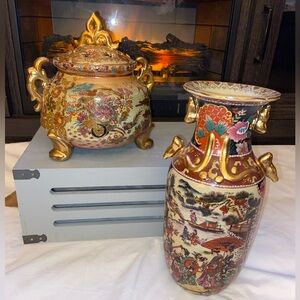 Old SATSUMA Vessel Set-StunningPorcelain Statement Collectable Vase & Urn w/Lid🎄
